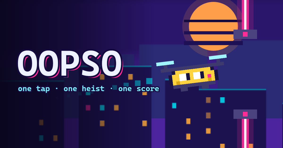 Oopso, a yellow pixel art drone flying past a laser beam over a neon city at night